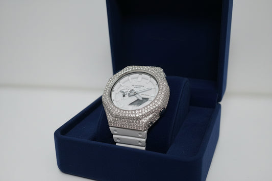 White G-Shock GA2100 with Silver Moissanite Bezel