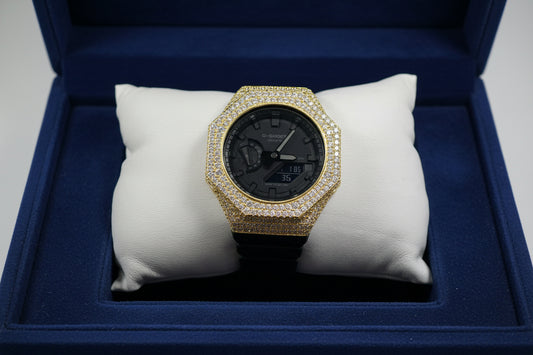 Black G-Shock GA2100 with 14K Gold-Plated Moissanite Bezel