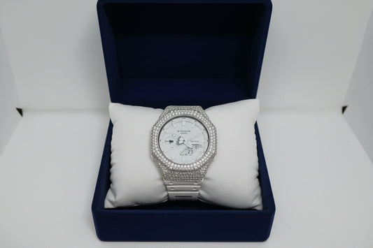 White G-Shock GA2100 with Silver Moissanite Bezel
